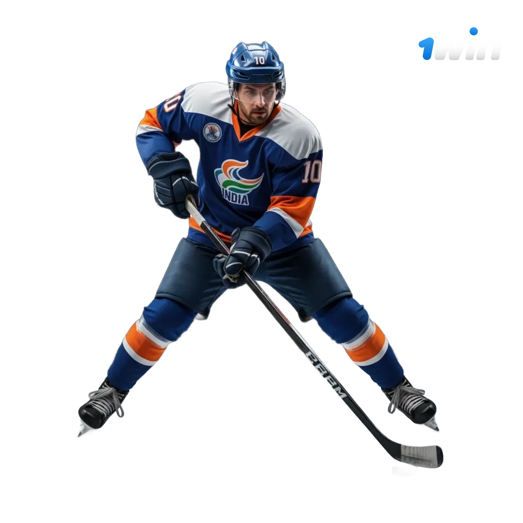 1win ice hockey betting in India with live NHL/KHL odds, markets, bet slip, and a first deposit welcome bonus banner.