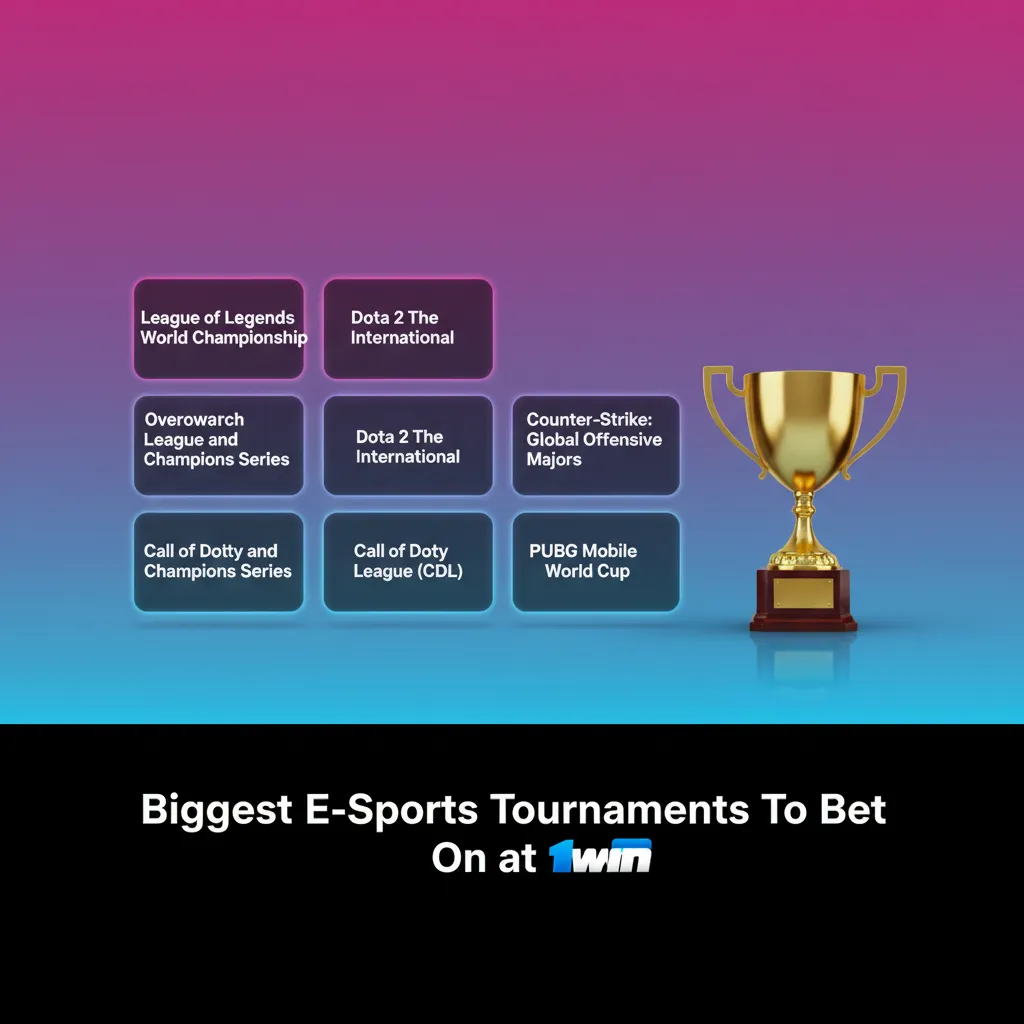 Table of top esports tournaments to bet on at 1win: Dota 2, CS2, LoL, Valorant, SC2, MLBB, Rainbow Six.