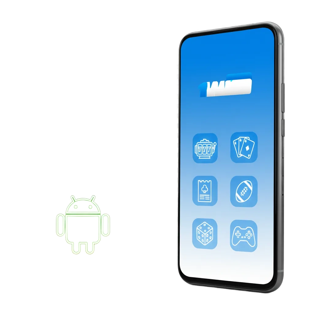 1win Android app interface on phone with sports, live matches, and slots; free download and quick install in India.