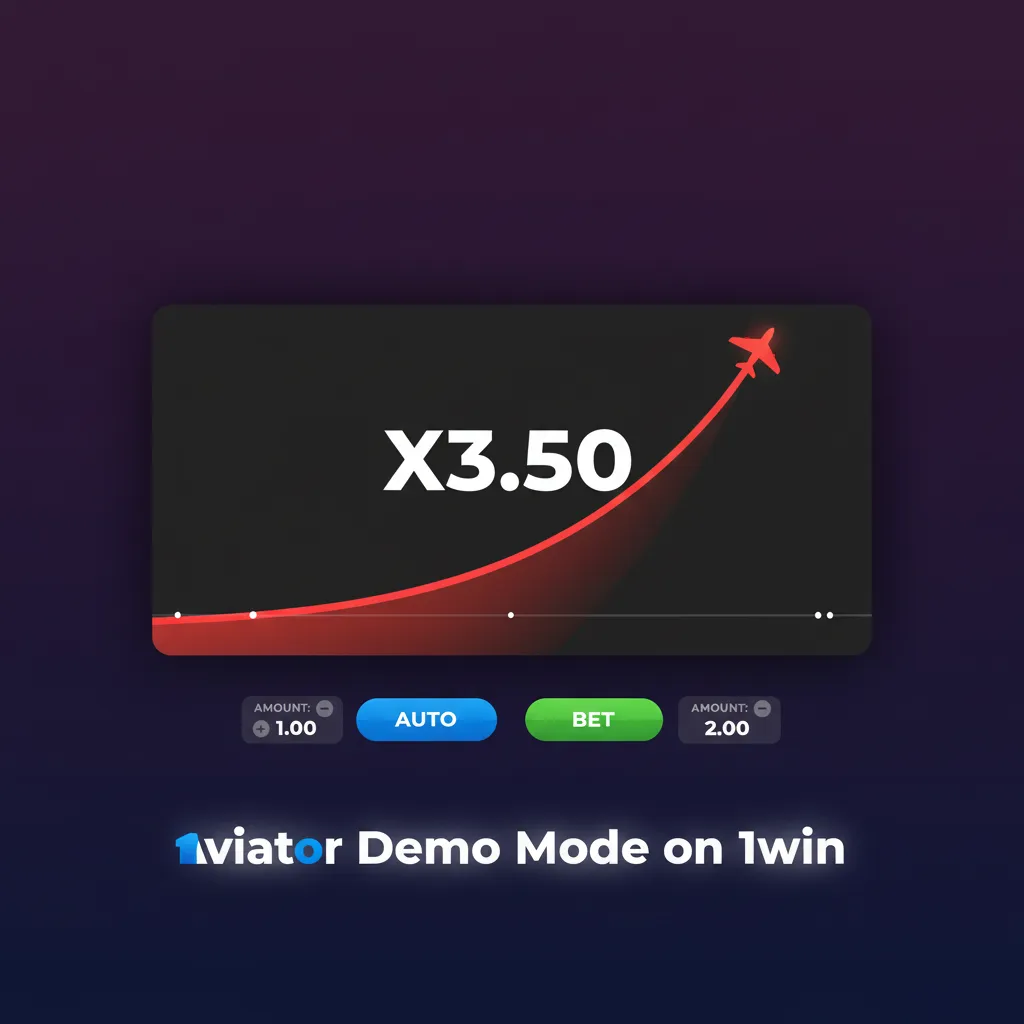 1win Aviator demo mode screen with multiplier curve, virtual chips, two bets, Auto Bet and Auto Cashout controls.