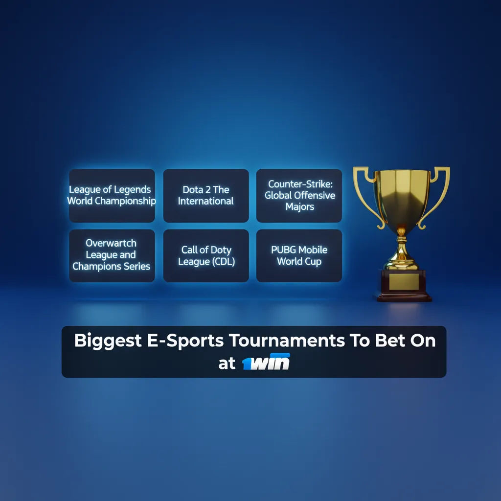 Graphic listing top esports tournaments to bet on at 1win: TI, PGL Major, Worlds, VCT Champions, Six Invitational, more.