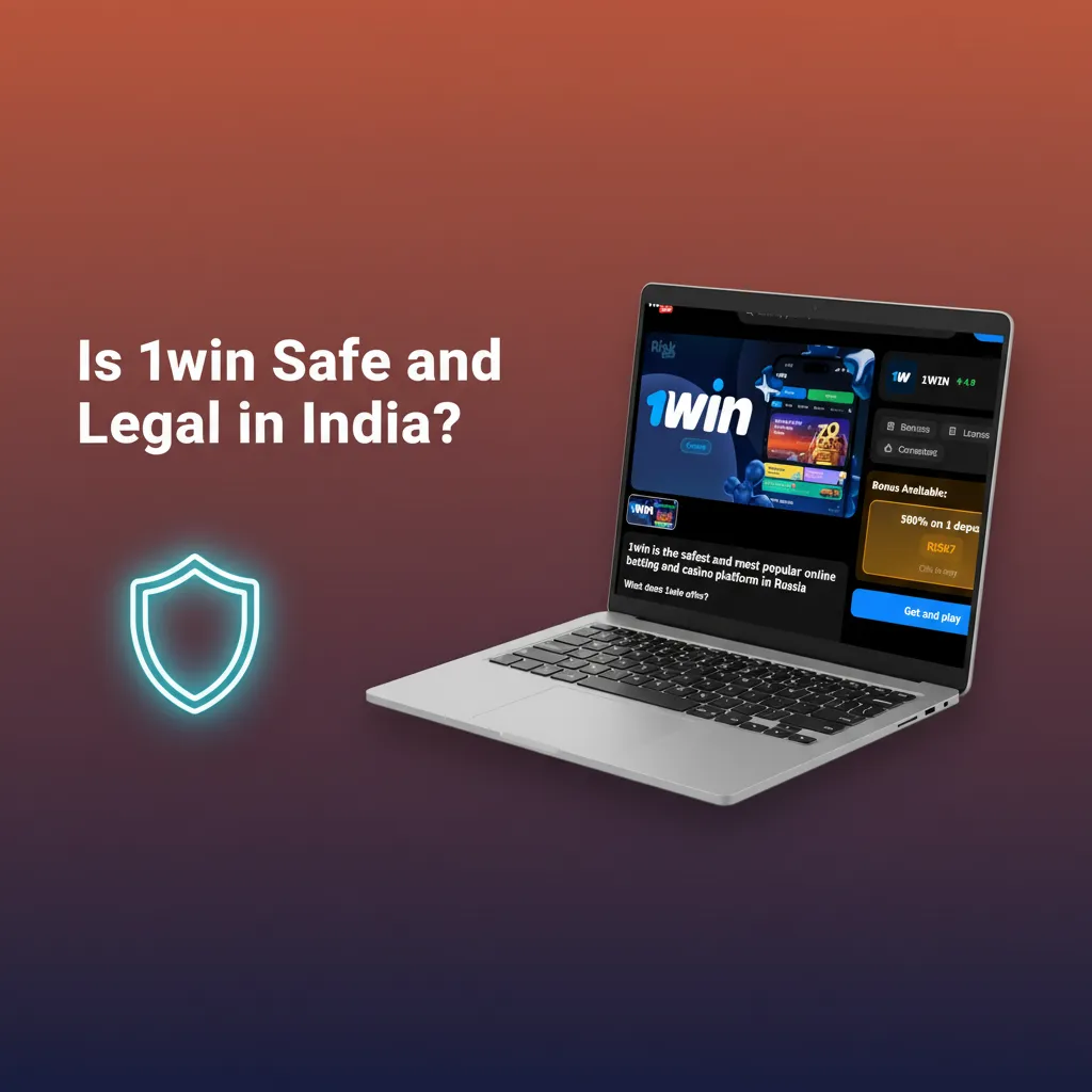 Shield and lock over India map with 1win logo, highlighting licence, encryption, privacy, and state-by-state legality.