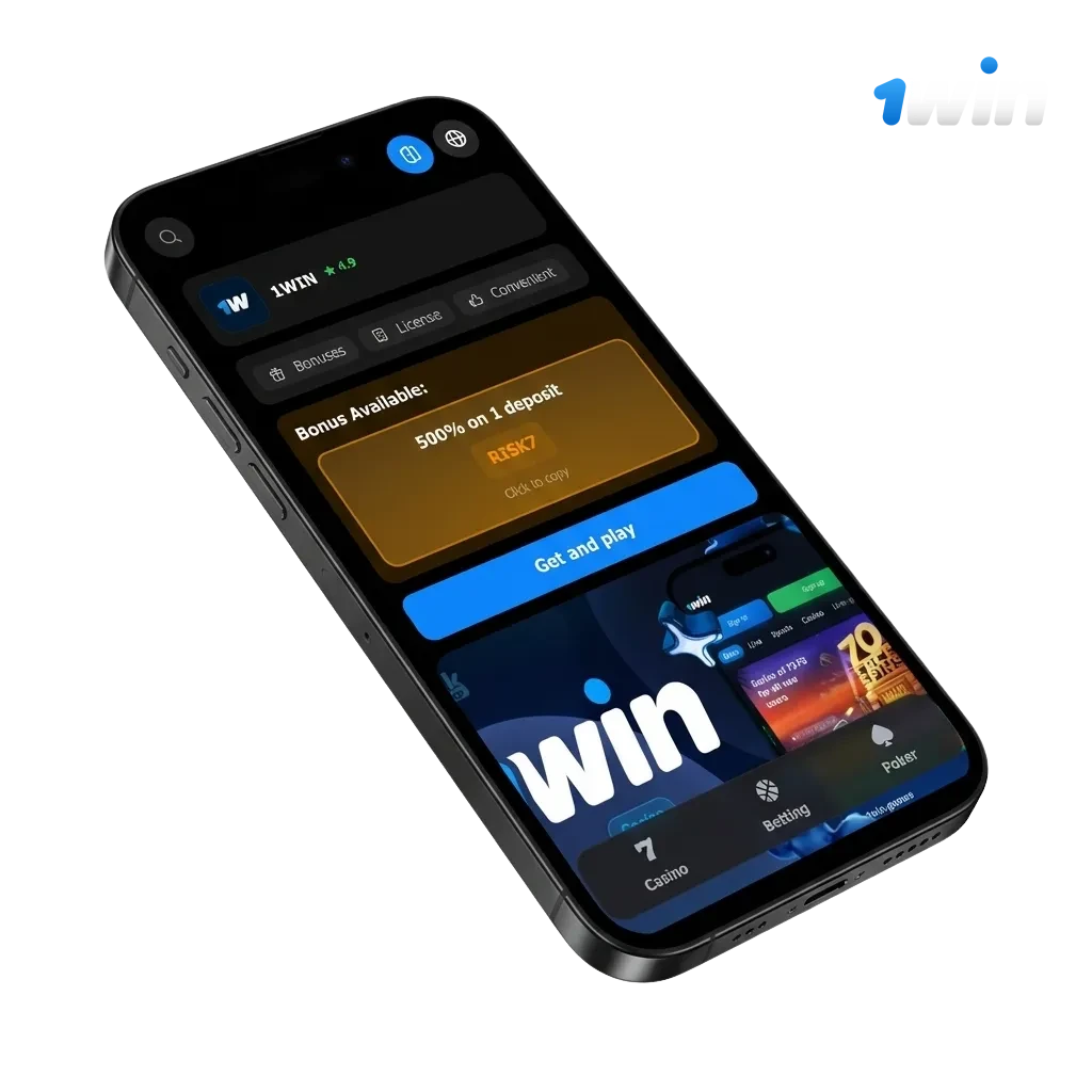 iPhone screen showing 1win iOS betting app in India with cricket odds, casino games, and ₹180,000 welcome bonus offer