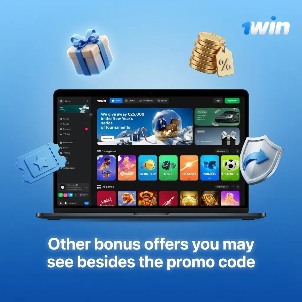 Illustration showing various 1win bonus types: reload offers, free bets, free spins, cashback, and tournament prizes