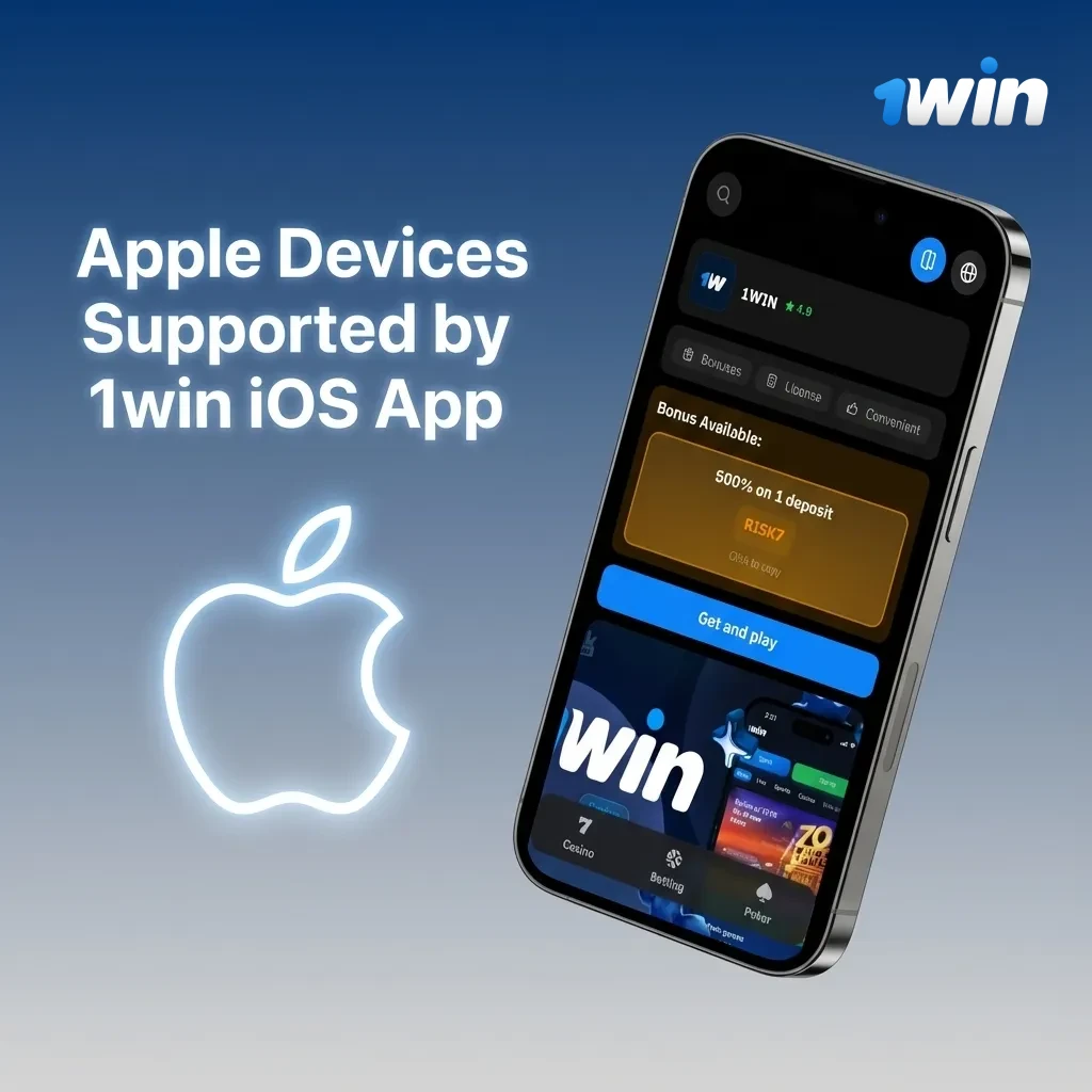 Graphic showing supported iPhone and iPad models for the 1win iOS app running on iOS 11 and above
