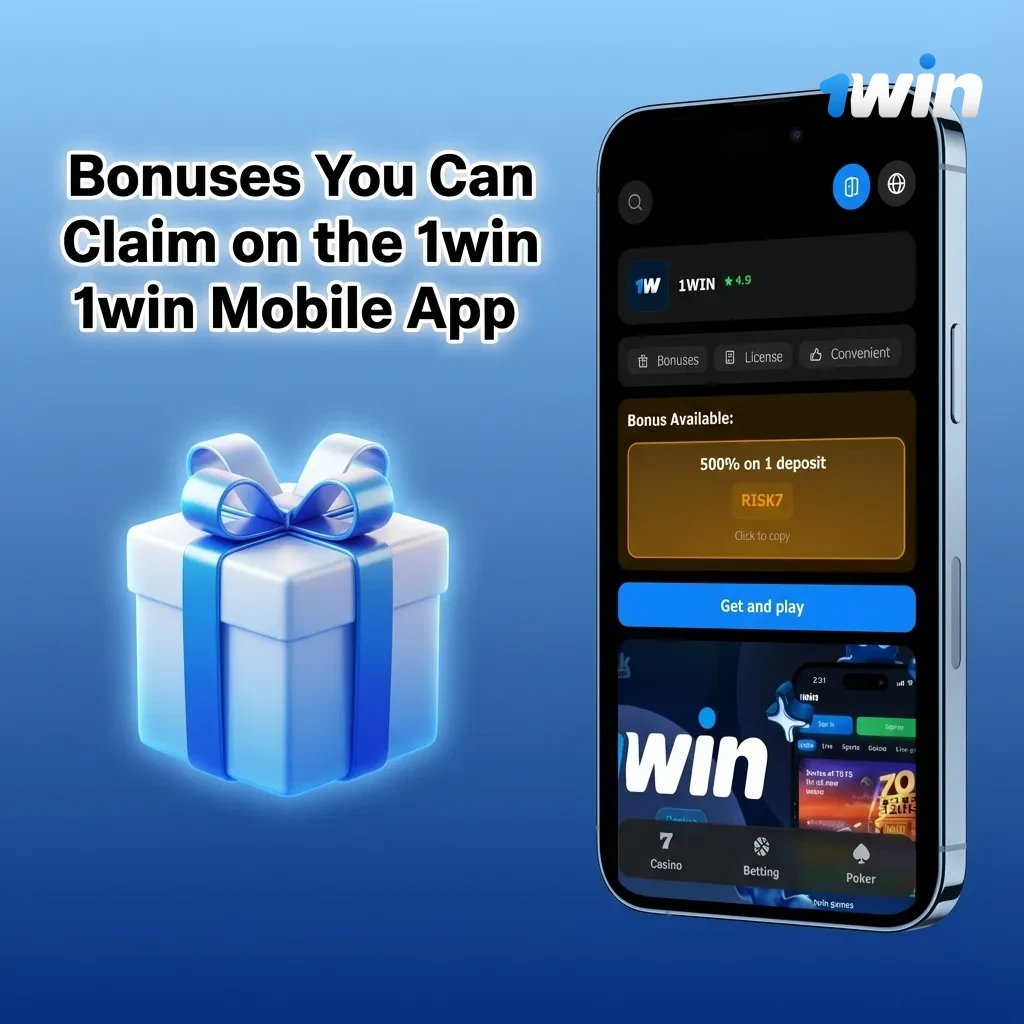 Graphic showing 1win mobile app bonuses: 500% welcome bonus up to ₹1,80,000, deposit offers, and free bets.