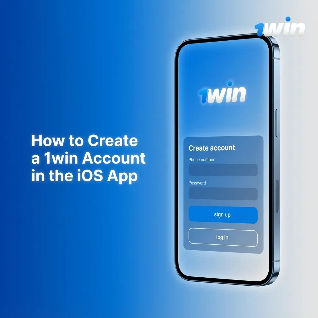 Illustration of a hand holding an iPhone showing the 1win iOS app registration screen with sign-up options