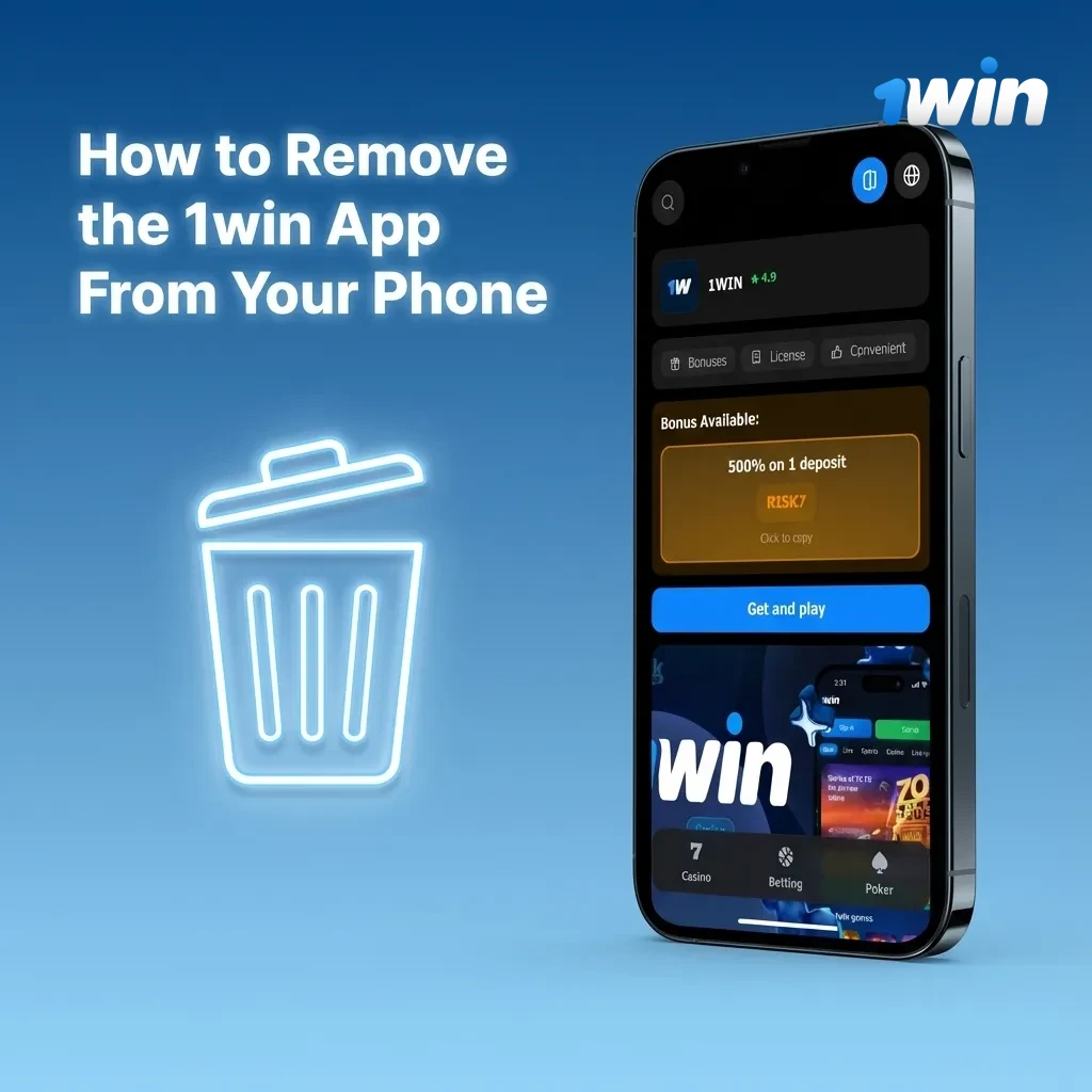 Phone screens showing long-press on 1win app icon with uninstall and remove options on Android and iOS