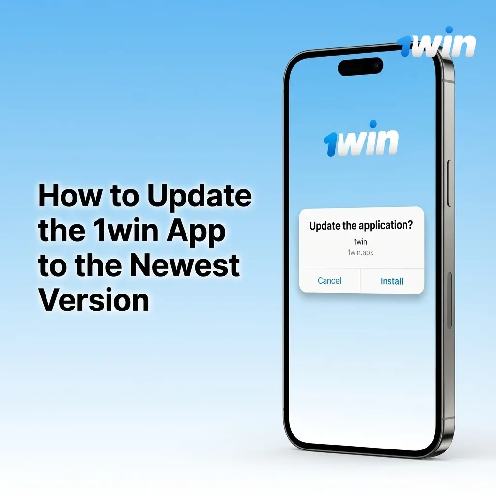 Illustration of a user updating the 1win app on Android and iOS, with on-screen update prompts and progress indicators