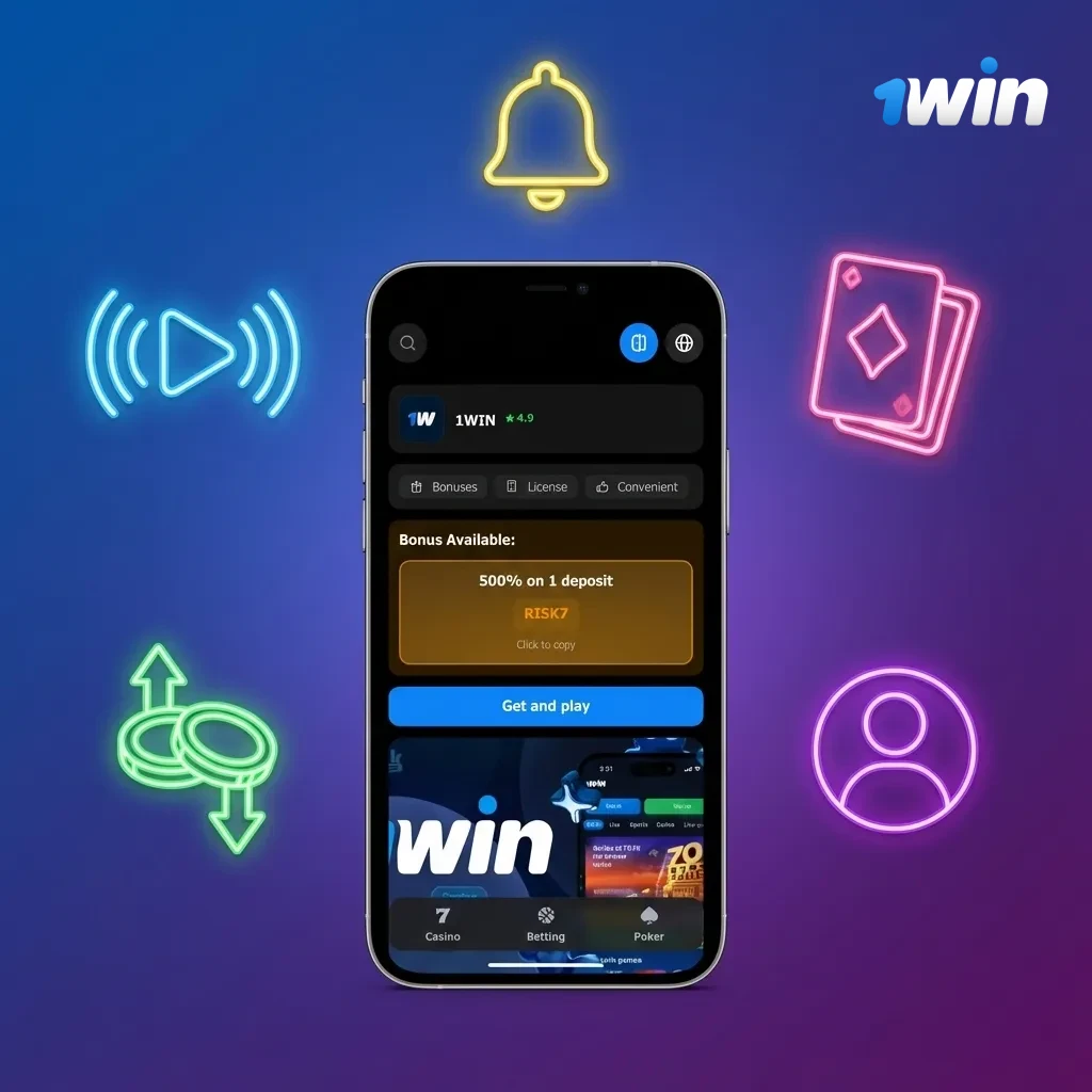 iPhone screen showing 1win iOS app with INR betting, cricket markets, Indian payment options, and casino games