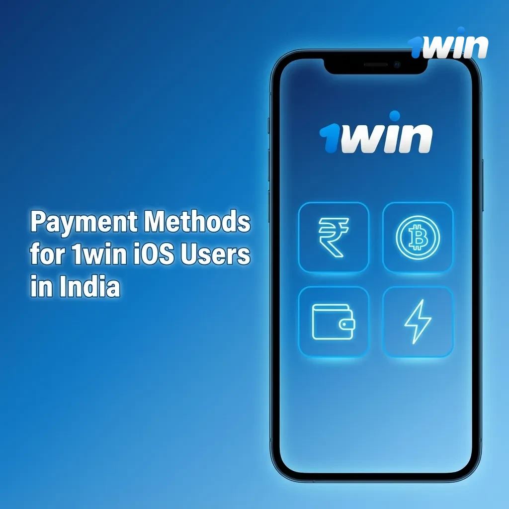 Infographic of 1win iOS payment methods in India: UPI, NetBanking, cards, e‑wallets, crypto, with INR deposit and withdrawal limits