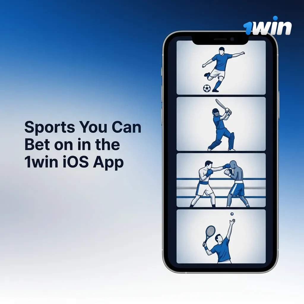 iPhone screen showing 1win app sportsbook with icons for cricket, football, tennis, kabaddi, esports and other betting sports
