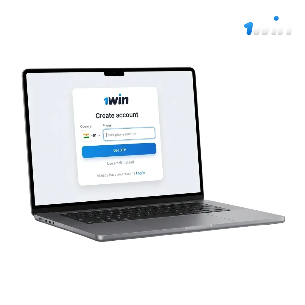 Illustration promoting 1win India signup with welcome bonus, rupee deposits, and multiple fast registration options