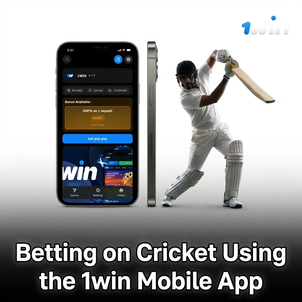 1win mobile app interface showing cricket betting options and match selections on smartphone screen