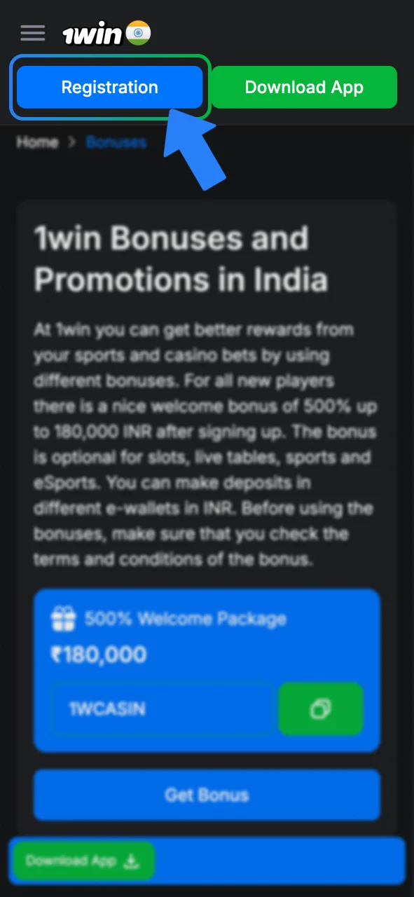 Tap the 1win registration button.