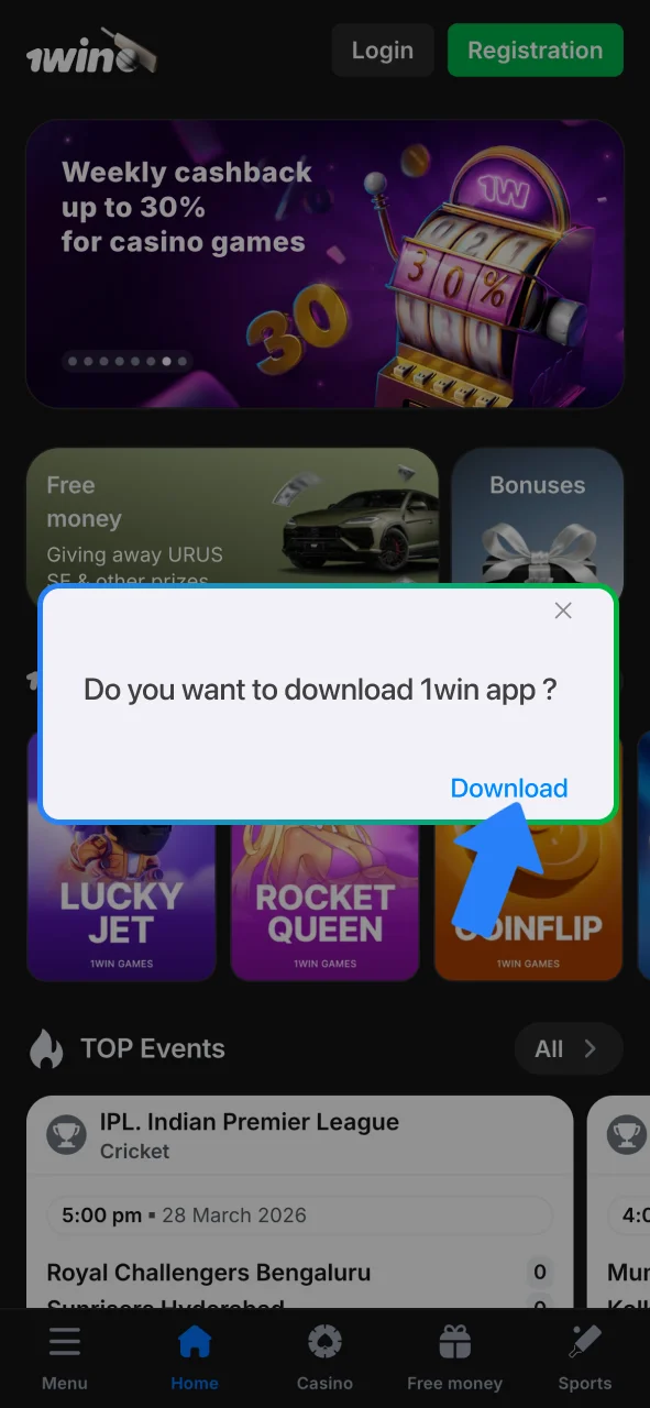 Confirm the installation of 1win app.