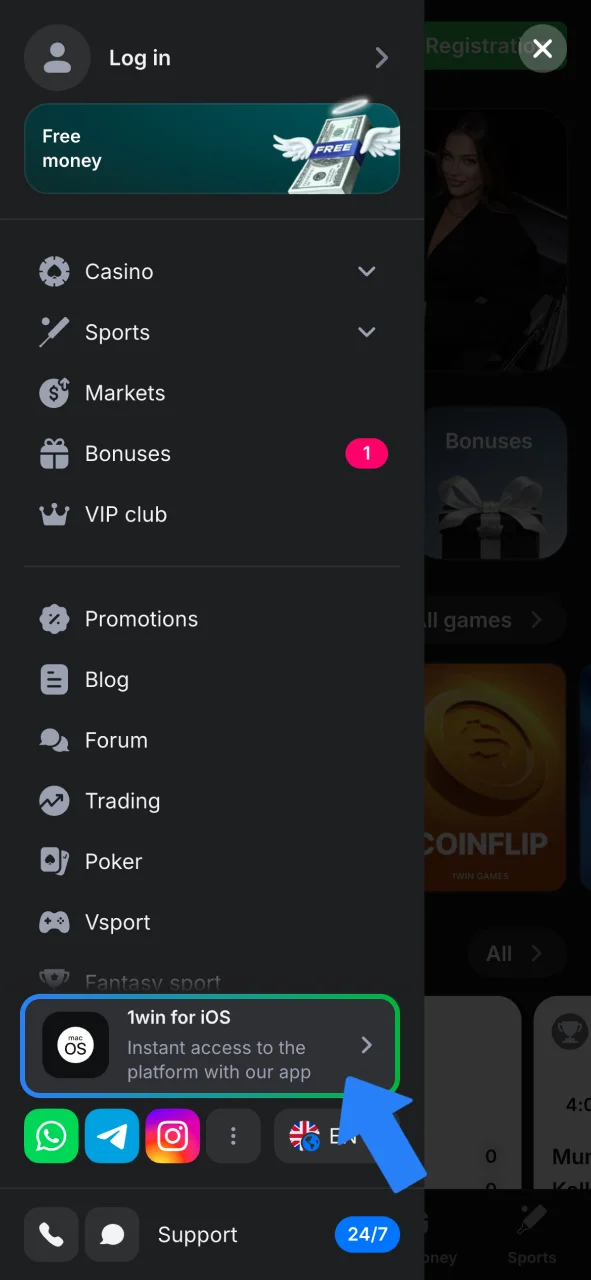 Tap the download for iOS button at 1win.