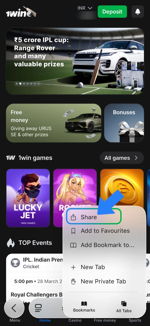 Click Share at the bottom for 1win.