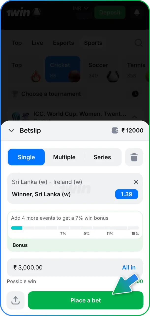 Set your stake amount on the bet slip to place your bet on 1win cricket.