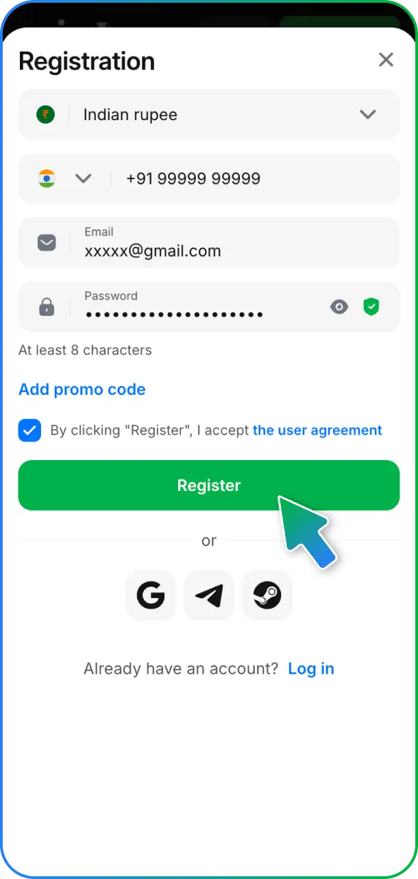 Fill out the quick registration form to create your account at 1win cricket.