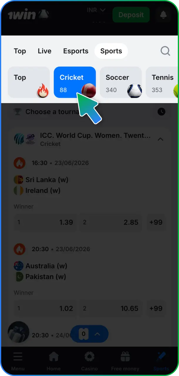 Explore the active sports sportsbook layout to choose a cricket match at 1win.