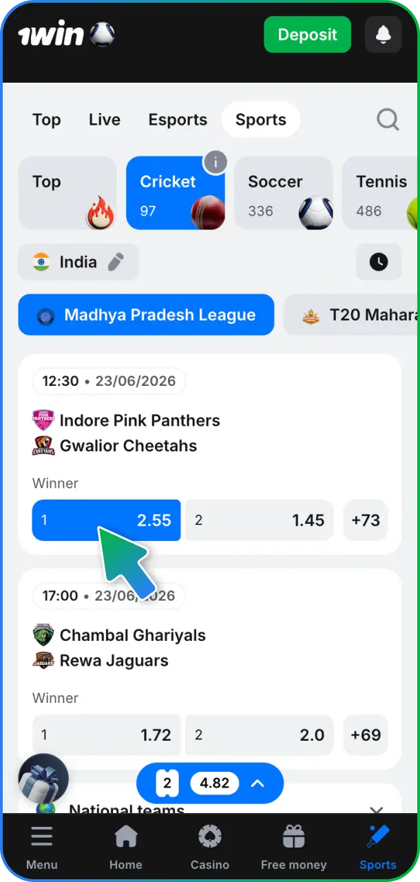 Add selection details to your interactive bet slip inside the 1win platform.