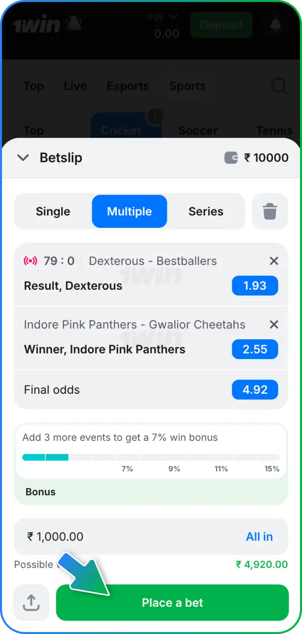 Enter bet amounts to place successful predictions on the 1win gaming site.