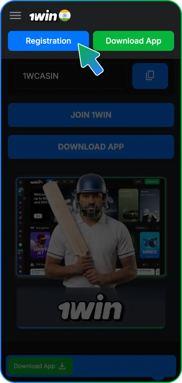 Click the registration button to sign up on the 1win India official homepage.