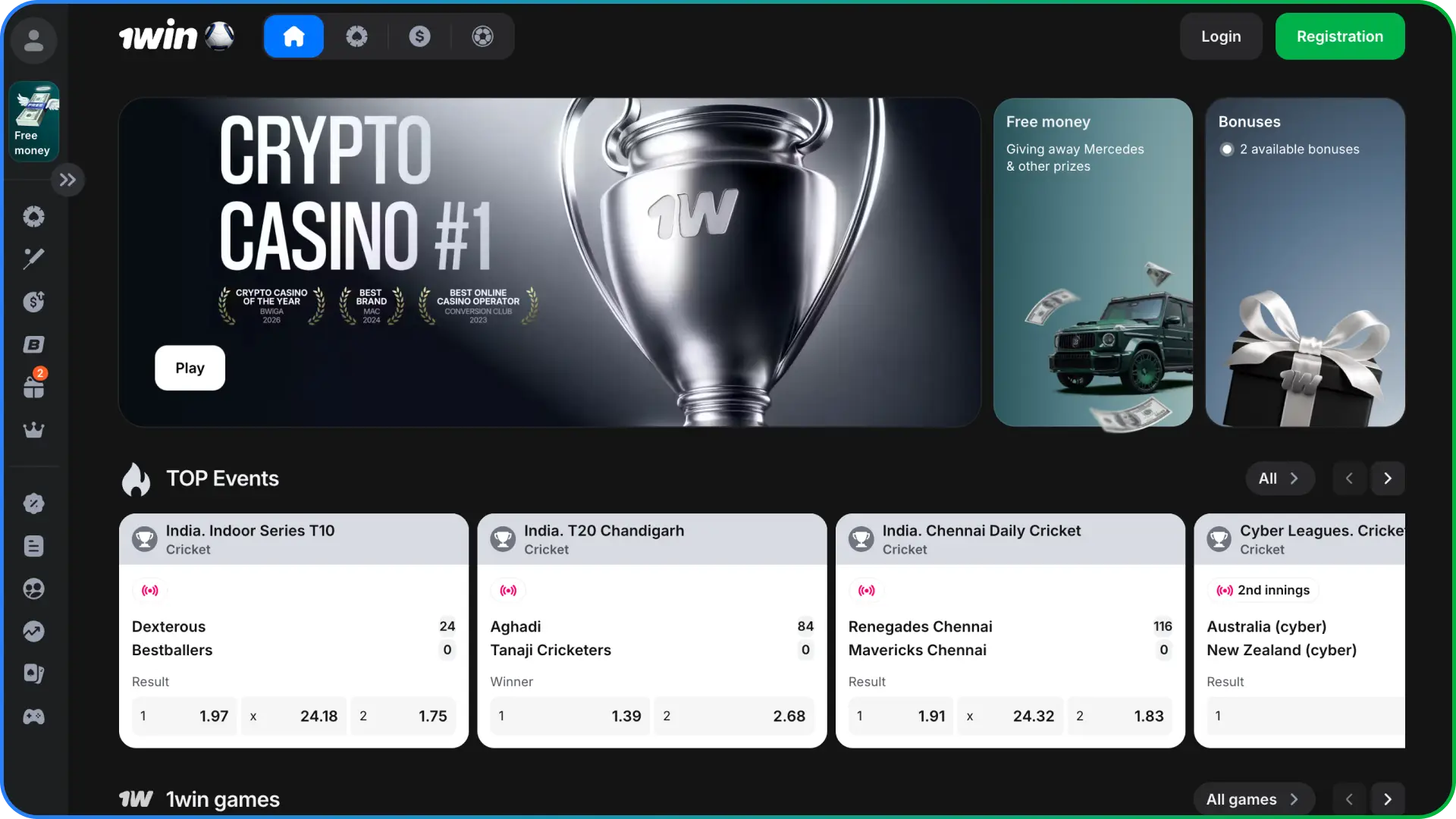 Navigate across all major gambling categories using the main dashboard on the 1win homepage.