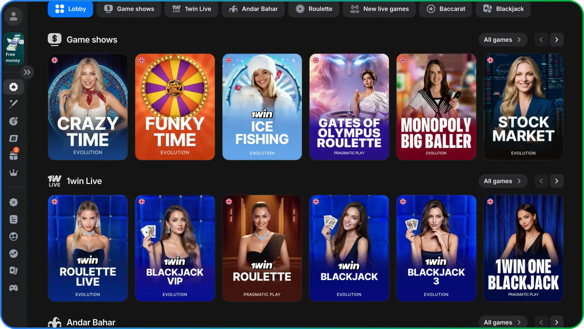 Join interactive live dealer tables using the main casino interface on the 1win homepage.