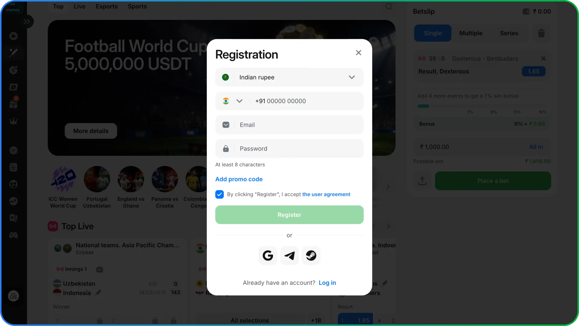 Fill in the secure form within the registration window to sign up at 1win India.