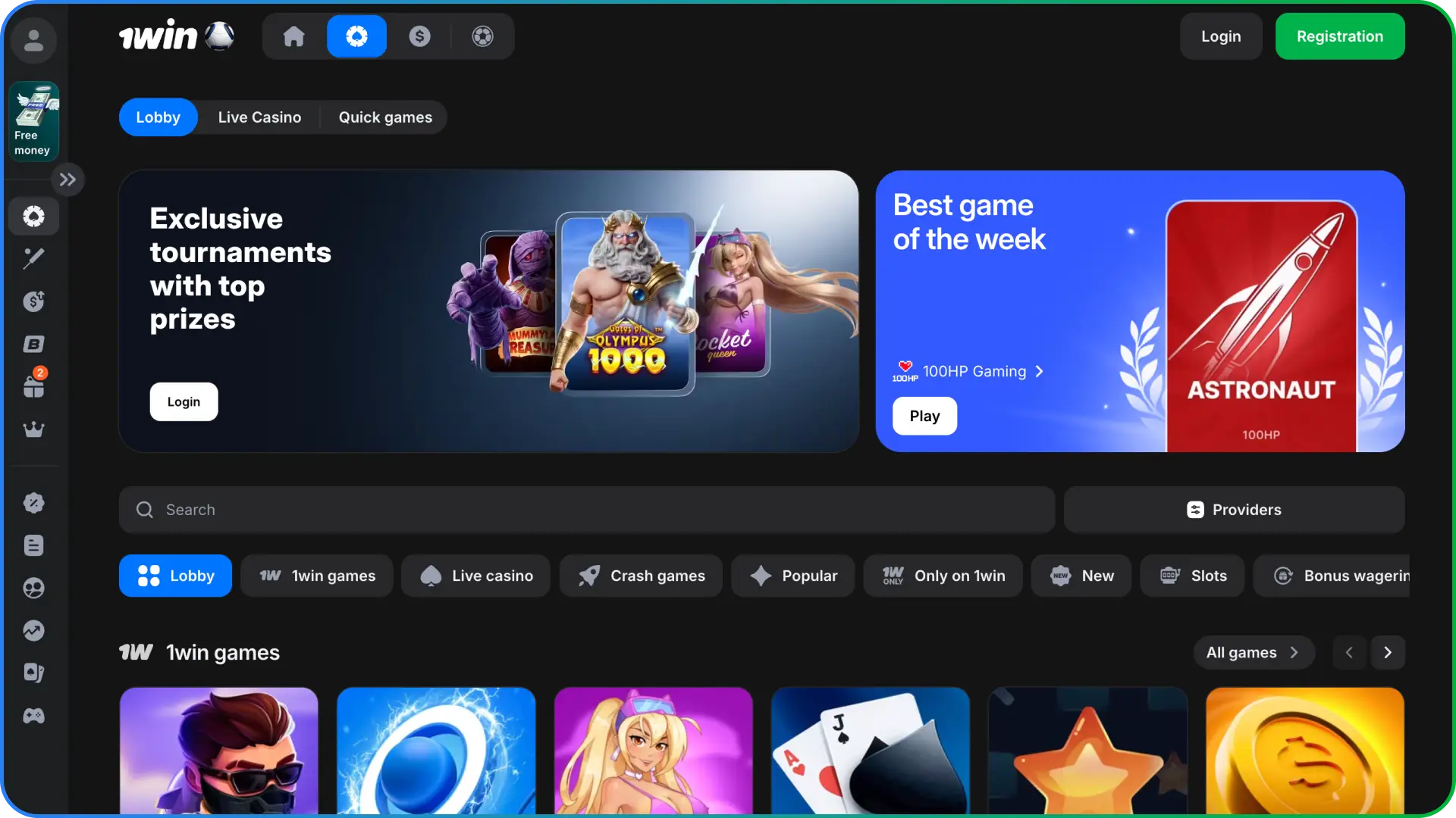 Spin premium virtual reels displayed in the colorful slots gallery on the 1win homepage.