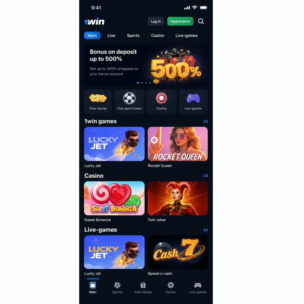 1win mobile app screenshot showing bottom navigation, account menu, search bar and casino lobby with slots and live tables.