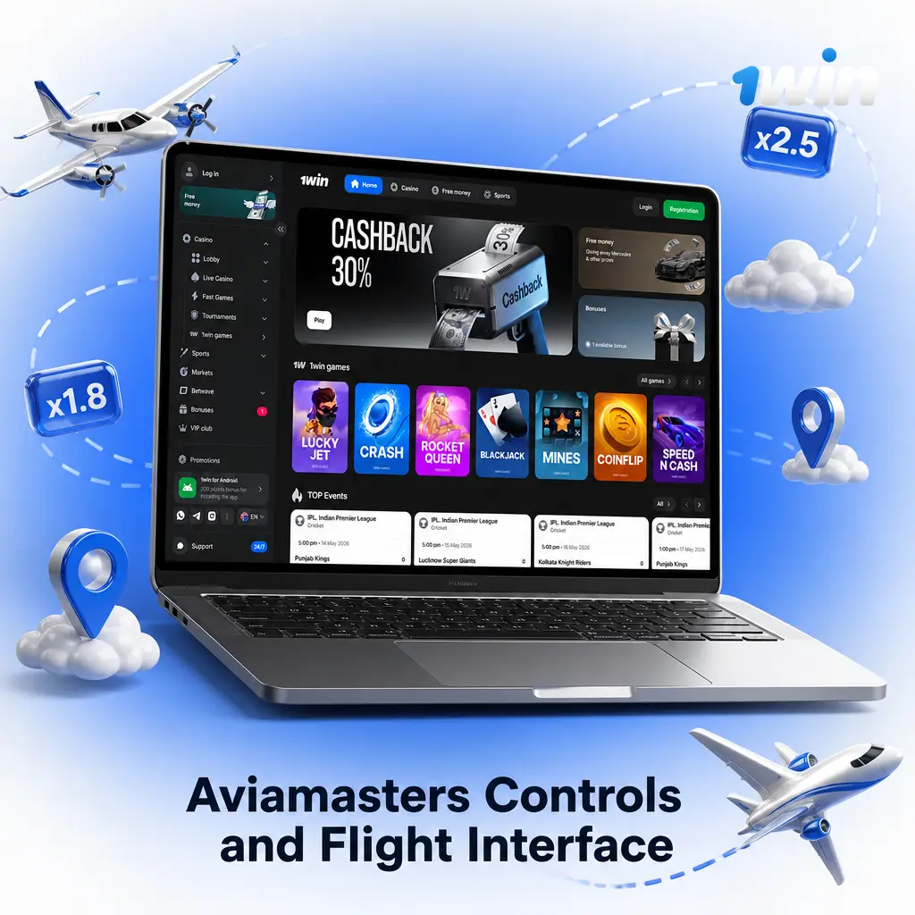 Aviamasters game interface showing bet controls, risk selector, live flight multiplier, and post-round result display