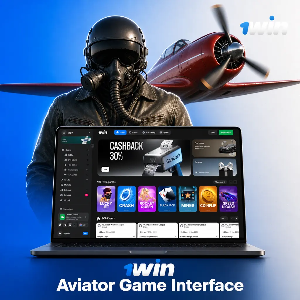 1win Aviator game interface showing stake field, multiplier display, Cash Out button, Auto Bet, and second bet panel controls.