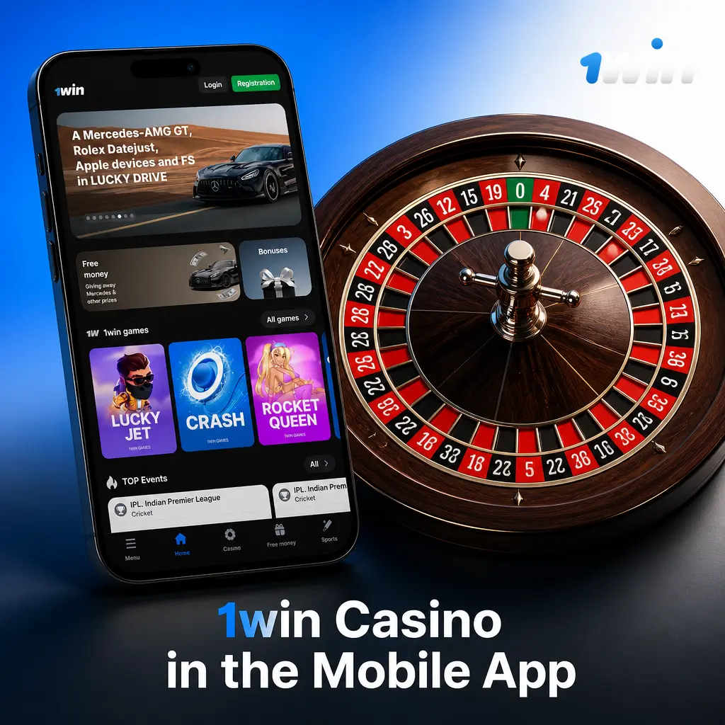 1win Casino mobile app lobby showing slots, table games, live casino, crash games, and jackpot categories.