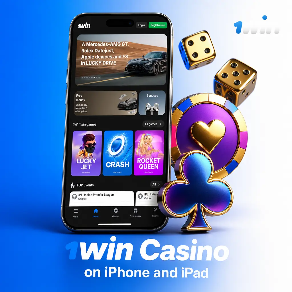 1win Casino game catalog on iPhone and iPad via Safari, showing slots, live casino and other categories