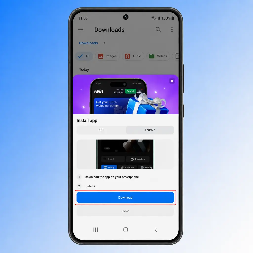 1win Casino app on mobile screen showing casino tab, slots, and live casino games for Android and iOS access