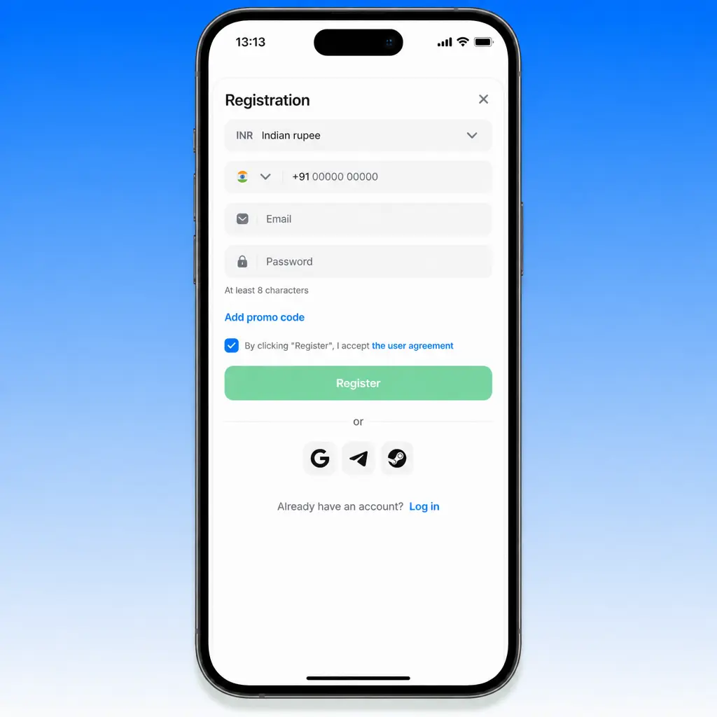 1win mobile interface on iPhone Safari showing Sports, Casino, Promotions, and Account navigation menu via PWA