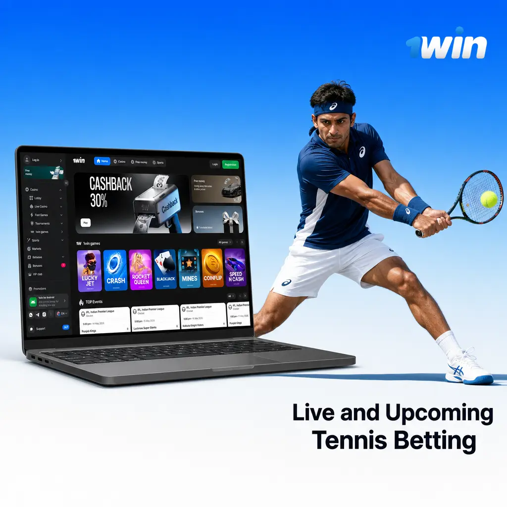 Live and upcoming tennis betting odds on 1win, showing pre-match and in-play markets like match winner and total games.