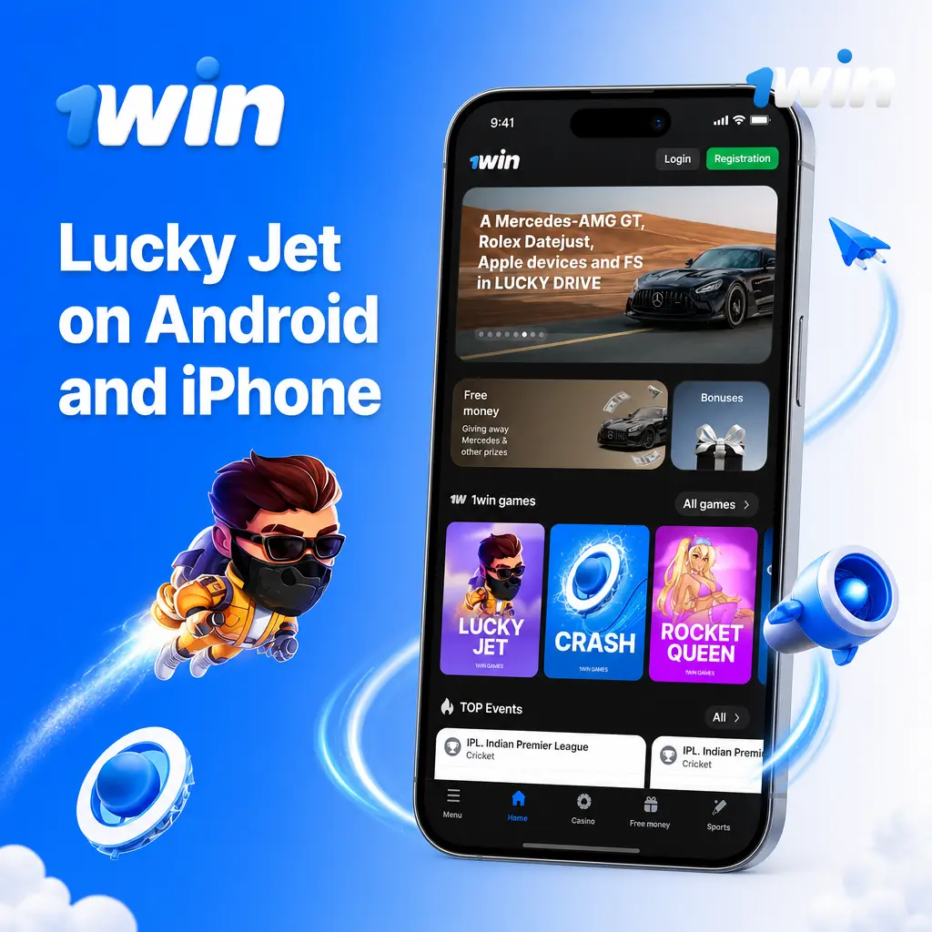 Lucky Jet game accessible via 1win app on Android APK or iPhone, and through mobile website for both platforms