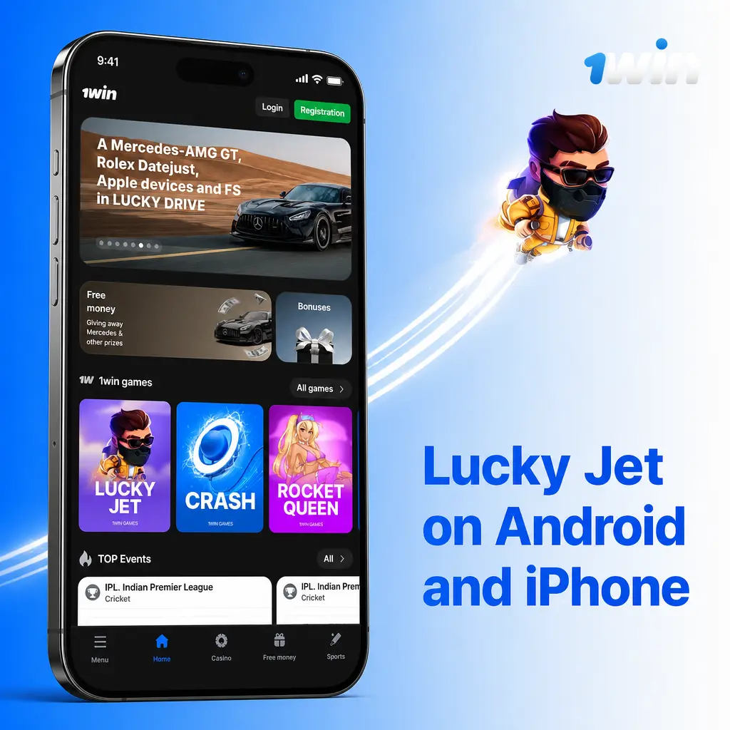 Lucky Jet game on 1win platform accessible via Android app or mobile browser on iPhone in India