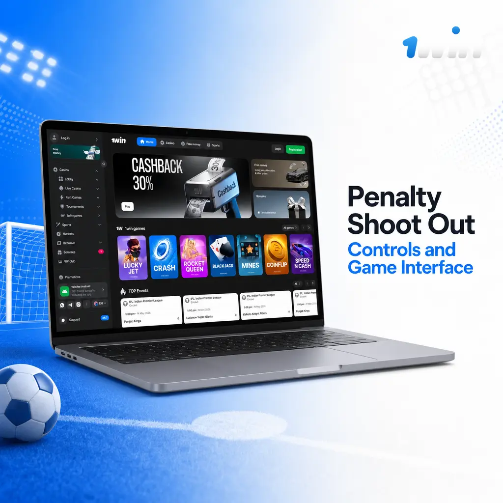 Penalty Shoot Out game interface showing bet field, multiplier display, cash out button, and round result panel on 1win.