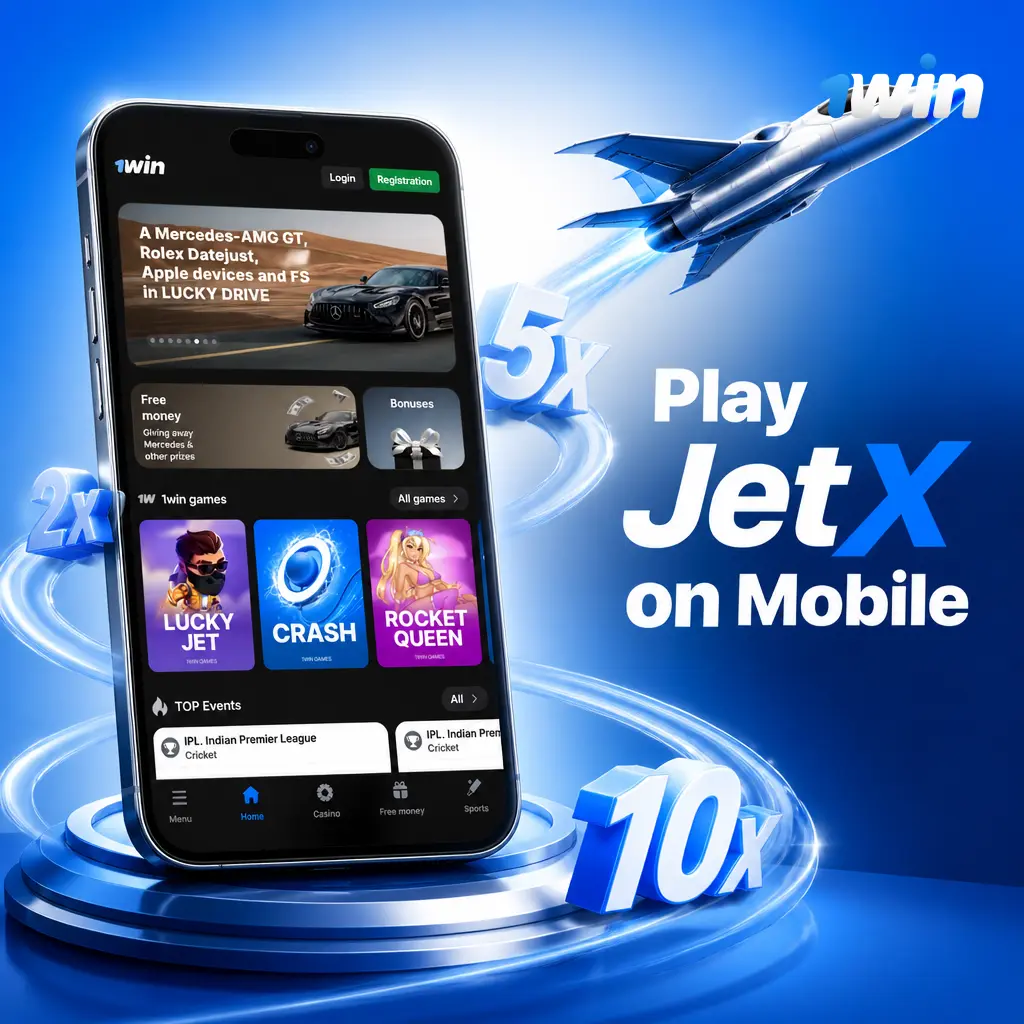 JetX mobile gameplay on 1win app showing betting controls, flight multiplier, and Cash Out button on smartphone screen.