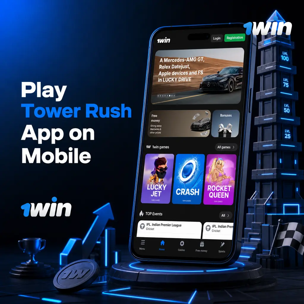 Play 1win Tower Rush on mobile with touchscreen controls, portrait support, and synced account balance across devices.