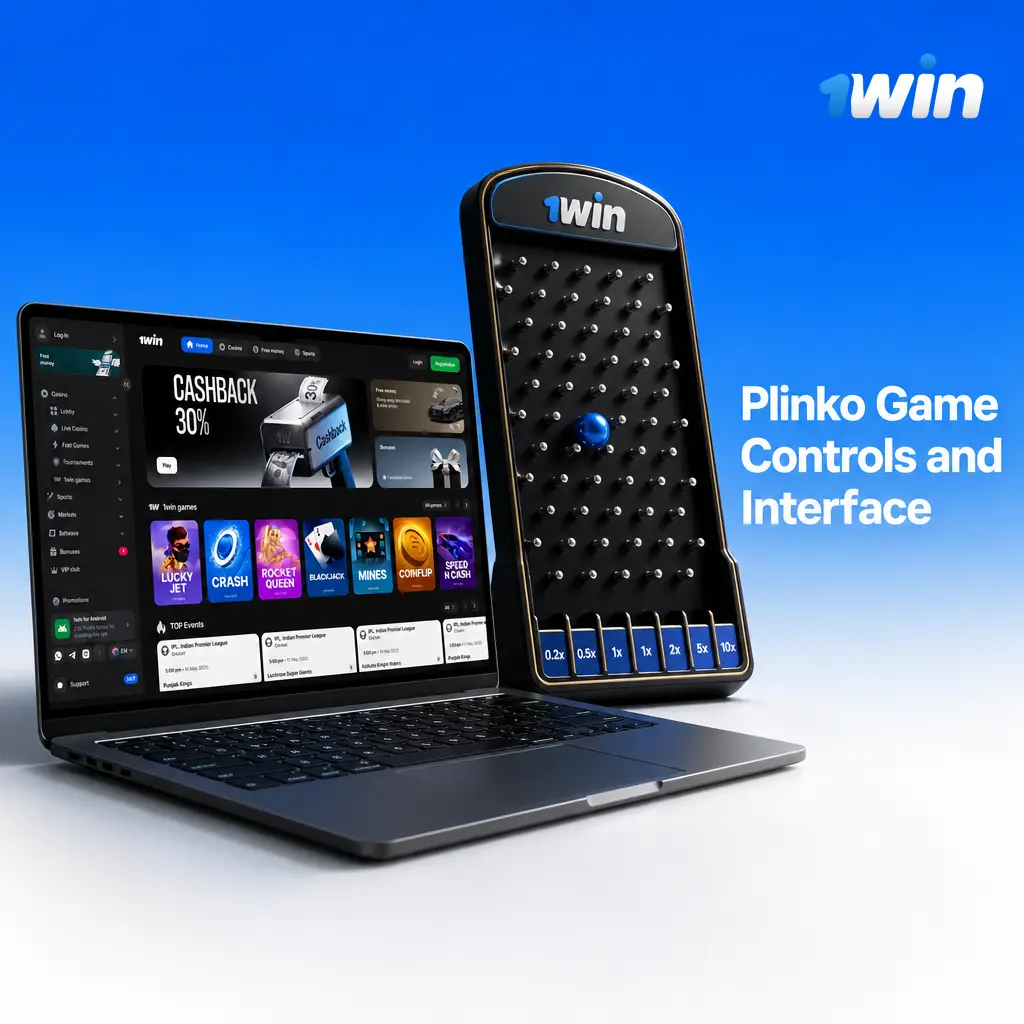 1win Plinko interface showing bet amount, risk level, rows, board, pins, drop button, payout slots and balance