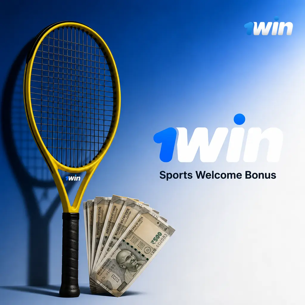 1win sports welcome bonus banner showing 500% deposit match up to 180,000 INR and 500 free spins for new users