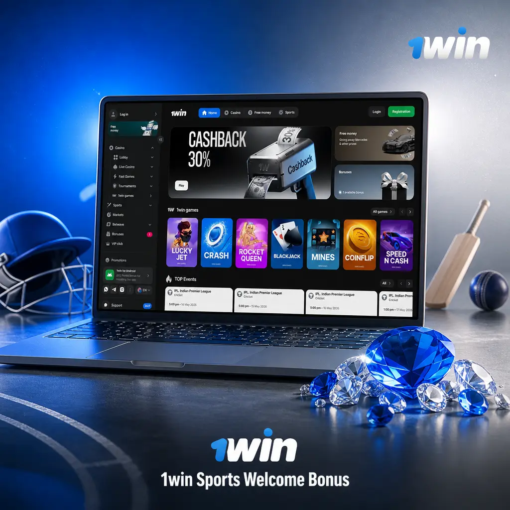 1win welcome bonus banner showing 500% deposit match up to INR 180,000 plus 500 free spins for new users