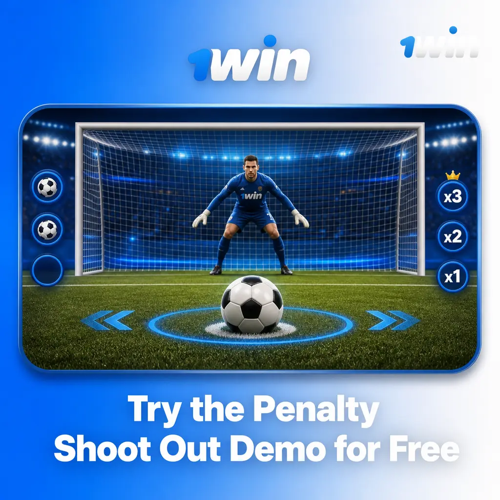 Free Penalty Shoot Out demo showing bet controls, penalty rounds, and rising multiplier with virtual credits, no deposit needed
