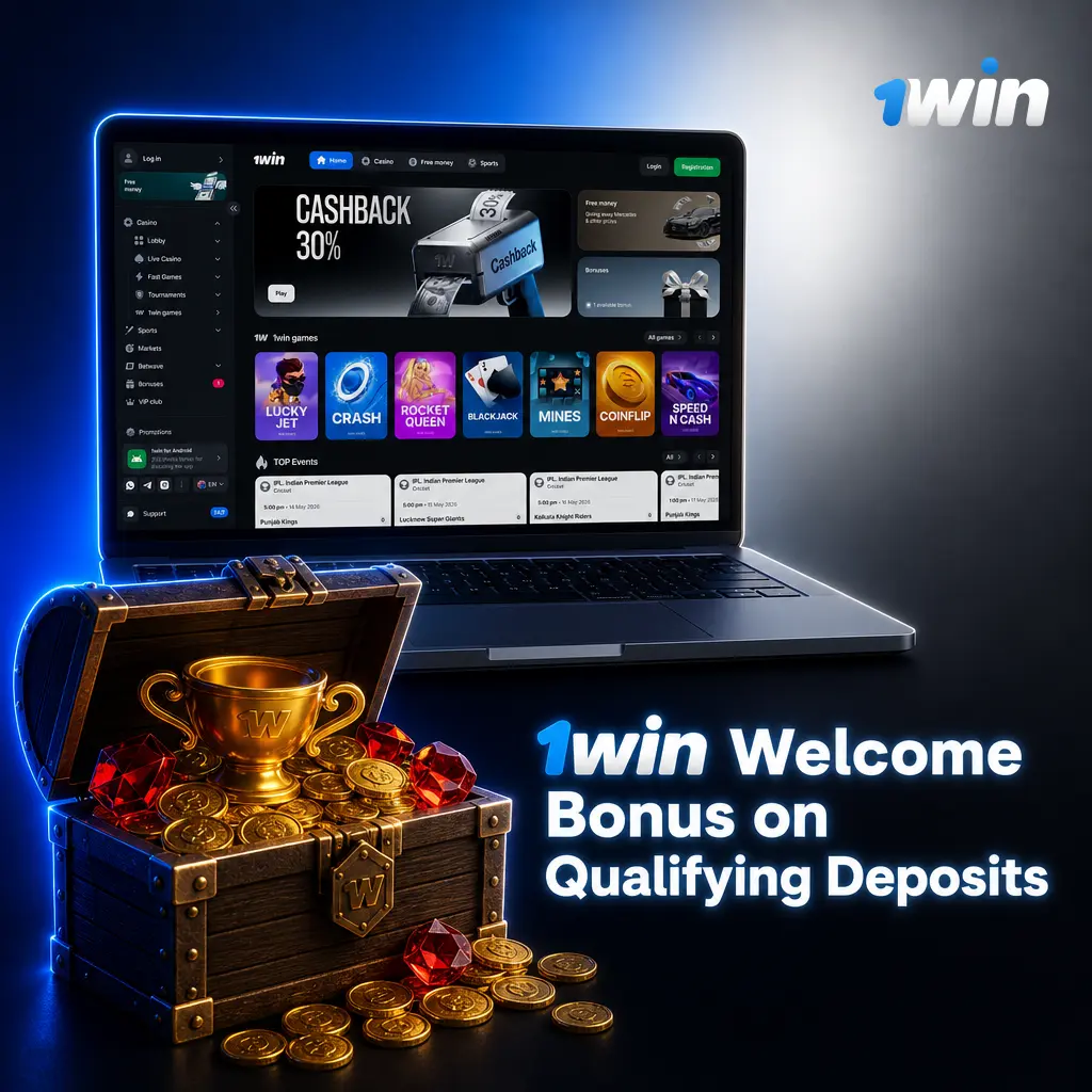 1win welcome bonus offer showing up to 500% and INR 180,000 plus 500 free spins for new casino players in India